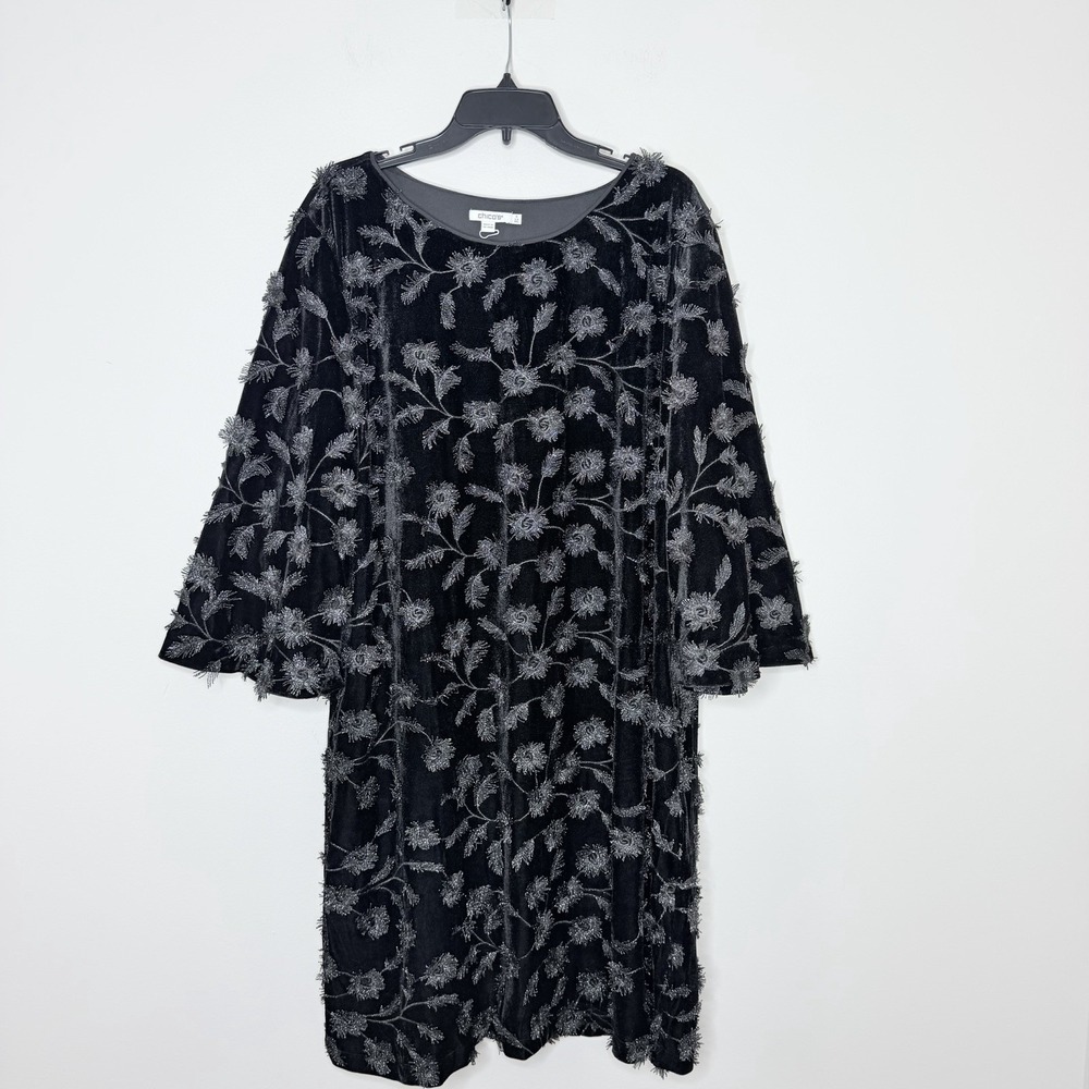 Chico's Velvet 3D Flower Dress Women's 4 XXL Black Metallic Floral Bell Sleeve